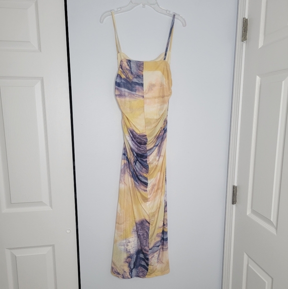 NWT Commense Yellow Purple Marble Tie-Dye Mesh Ruched Bodycon Midi Dress - Picture 7 of 9